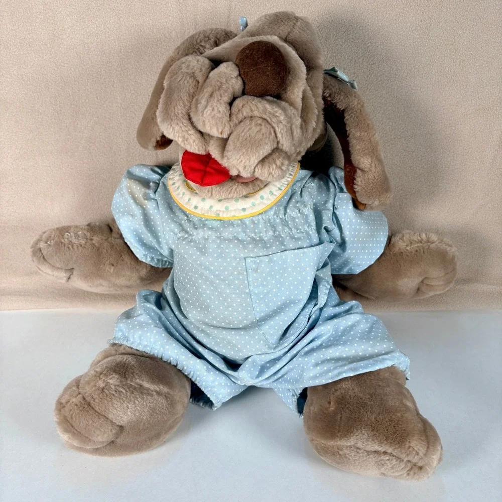 Vintage Ganz Wrinkles Dog Hand Puppet‎ Brown Blue Polka Dot 1980s Toy